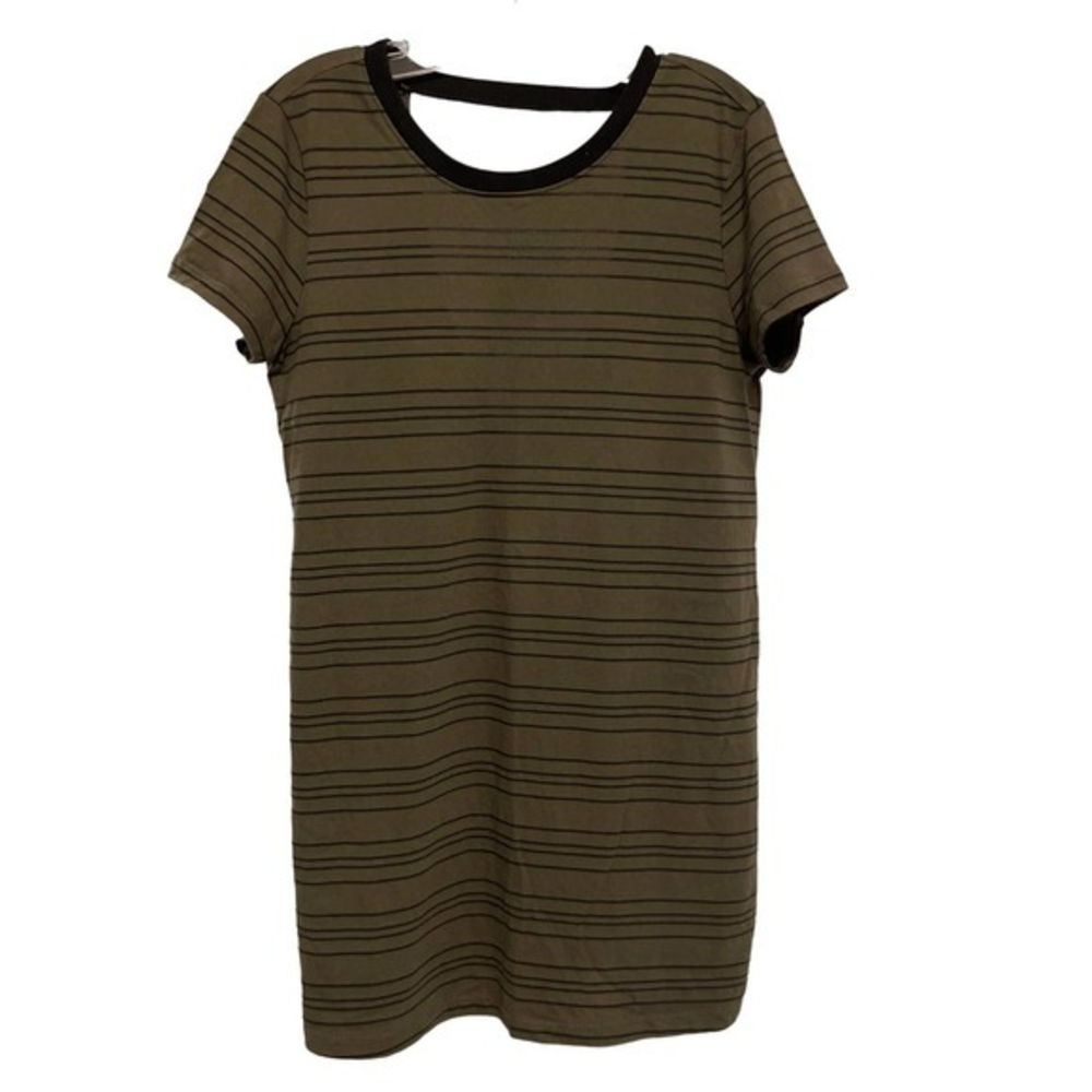 Forever 21 Women Olive Green‎ Striped Open Back T-Shirt Mini Dress Size Small